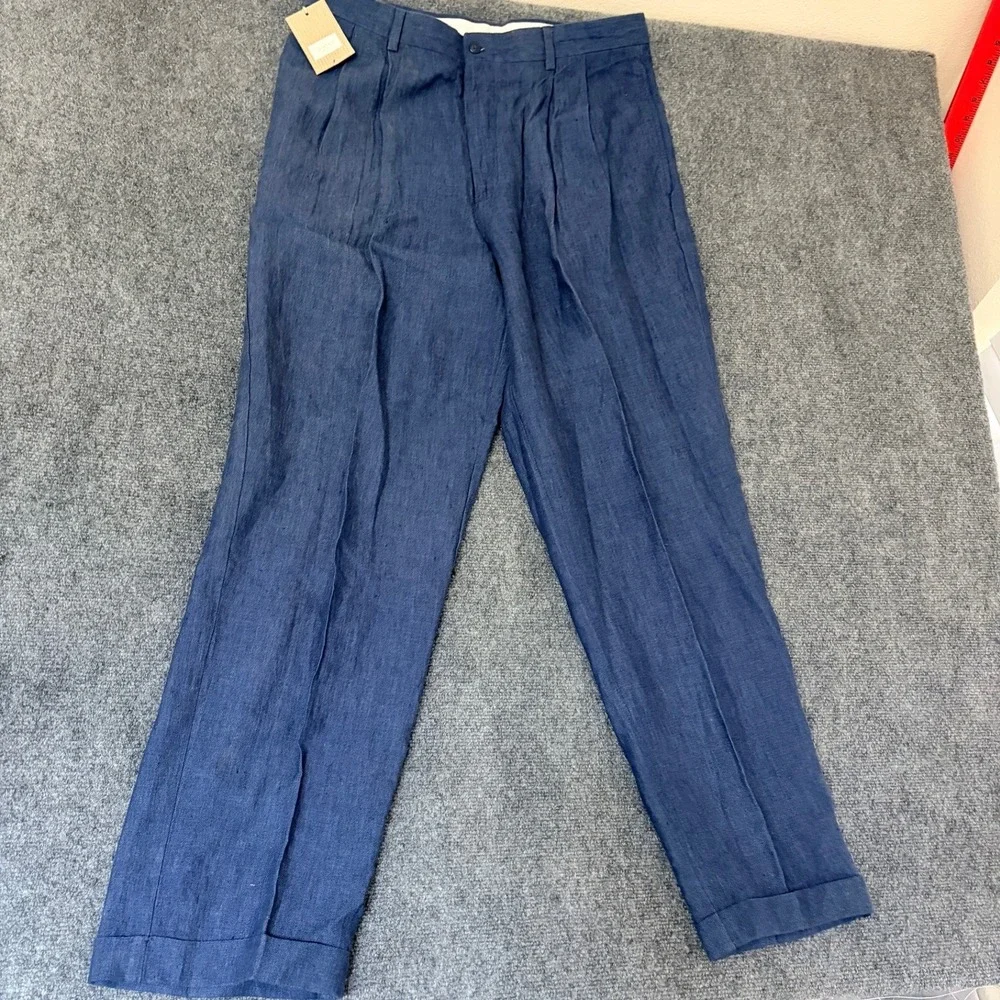 Turnbury Mens Blue 100% Linen Pleated Cuffed Dress Pants Trousers 36x32 NEW